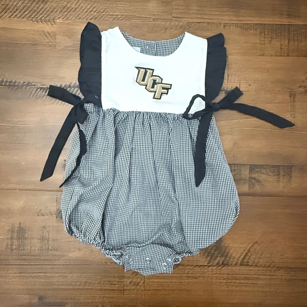 UCF Knights Vive La‎ Fete Baby Girl Gingham Romper Bubble 12M Black White Gold